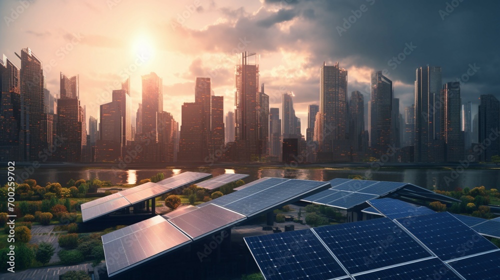 Wall mural solar panel array with a city skyline in background ai generative