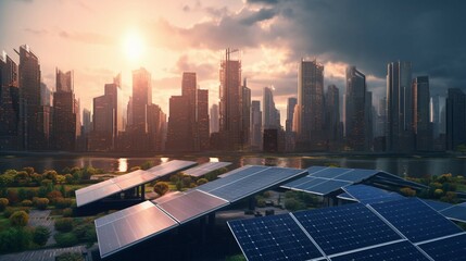 Solar panel array with a city skyline in background Ai Generative - obrazy, fototapety, plakaty