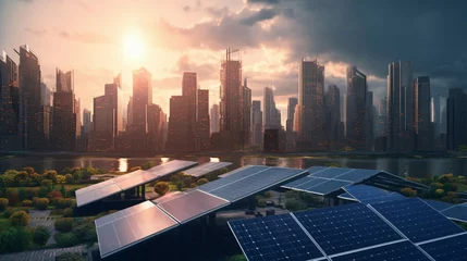 Fotobehang Solar panel array with a city skyline in background Ai Generative © Lucky