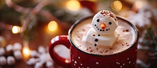 Hot chocolate served in a red mug with a marshmallow snowman. - Powered by Adobe