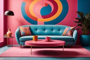 Blue sofa and round pink coffee table against multicolored stucco wall with copy space. Colorful, playful pop art style home interior design of modern living room.