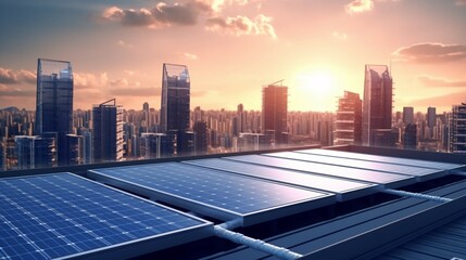 Solar panels with city skyline in background Ai Generative
