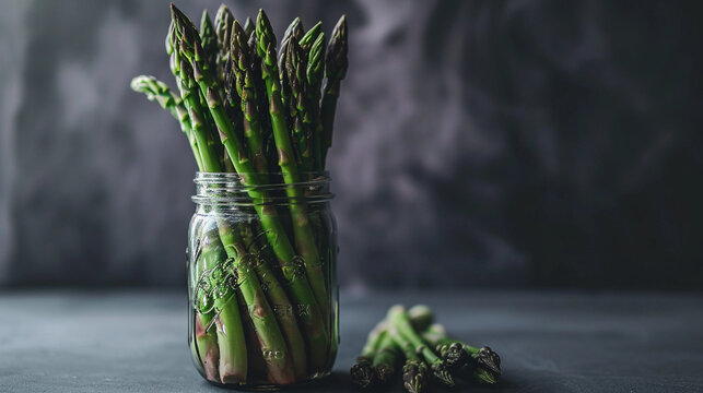 Asparagus Spears Propped Up In A Mason Jar, Shot Against A Neutral Gray Background