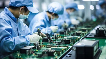 workers on mass production and quality control lines in electronics factories