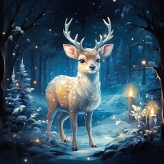 little reindeer with magic horns, winter night, radiance, illustration for a children's book,