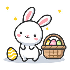 Cute easter bunny rabbit with basket of easter eggs, simple editable vector illustration. Happy Easter holiday.