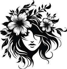 Beautiful woman with flower in hair silhouette vector for your design