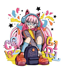 Anime girl with backpack. Long pink hair Japanese school girl on lettering background. Fashion woman. Trendy girl