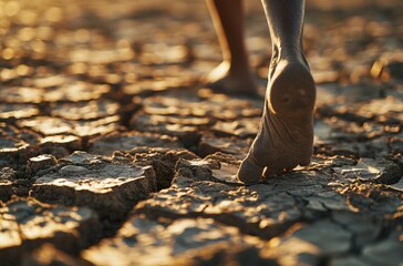 Bare feet walk on the dry desert floor due to drought. Climate change concept