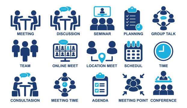 Meeting icons set, Business, Presentation, Interview, Conference, Agreement, Discussion Icons, Solid Icons set in trendy style