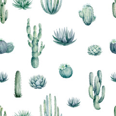 Watercolor seamless pattern of cacti and succulents, their spiky silhouettes and plump rosettes, on a white background. This design is perfect for adding desert charm to any creative project.