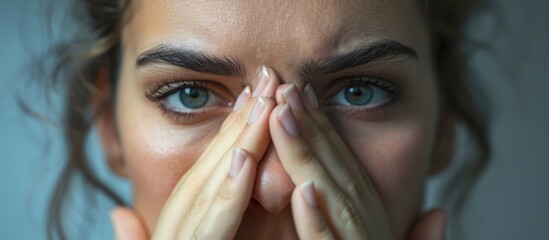 A woman concealing her nasal region. - obrazy, fototapety, plakaty