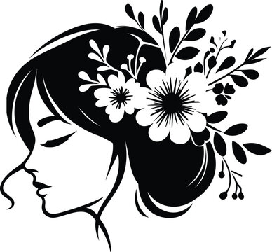 Beautiful woman with flower in hair silhouette vector for your design