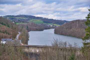 View of the surroundings and lake of Agger Dam in Attendorn, North Rhine-Westphalia, Germany