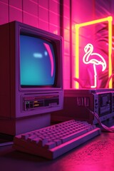 
Vintage computer with a monitor and keyboard on a pink background with flamingo neon sign in the background. 