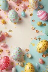 Fototapeta na wymiar Contemporary Easter background made of beautiful, colorful eggs and Easter decoration, flat lay. 
