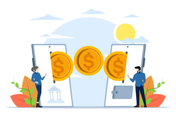 online transaction concept, money transfer method. Online money transfer from mobile wallet to bank card, transfer and payment app. mobile bank app, business finance payment. flat vector illustration.