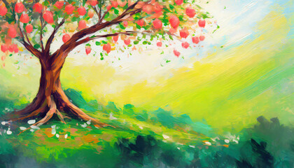 Obraz na płótnie Canvas Tu Bishvat tree, copy space on a side, oil paint art style