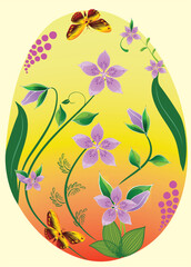   Easter composition with Easter egg, purple flowers and butterflies - 700262568
