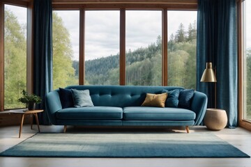 Blue sofa against big panoramic window with forest view. Scandinavian home interior design of modern living room.