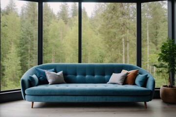 Blue sofa against big panoramic window with forest view. Scandinavian home interior design of modern living room.