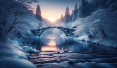 A bridge covered in snow, spanning a quiet winter river during the twilight hours. landscape background, Nature, Forest, Winter season