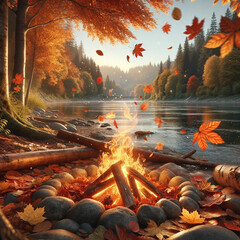 A campfire by the riverside, with autumn leaves fluttering in the warm breeze. Nature, Landscape background, Forest
