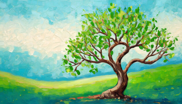 Tu Bishvat tree, copy space on a side, oil paint art style