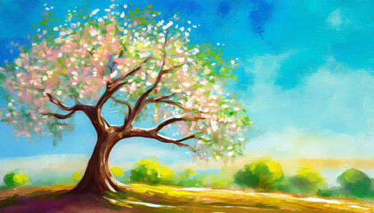 Tu Bishvat tree, copy space on a side, oil paint art style