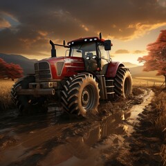 A tractor plowing a field at sunset