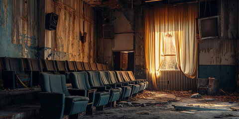 abandoned movie theater, torn seats, faded curtains, dusty projector