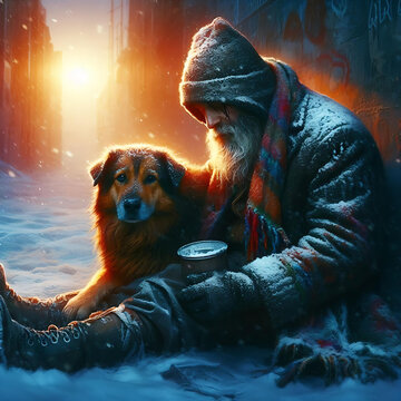 Colorfull image of a In the hushed stillness of winter, a heartbreaking scene unfolds a homeless man created by generative ai