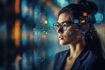 Contemplative woman with digital circuitry overlay