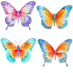 set of butterflies in watercolor on a transparent background