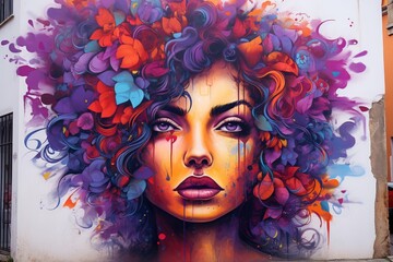 Vivid graffiti of a woman with a floral aura