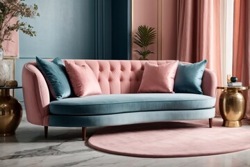 Pink and blue fabric sofa and marble stone coffee table. Hollywood regency style interior design of modern living room.