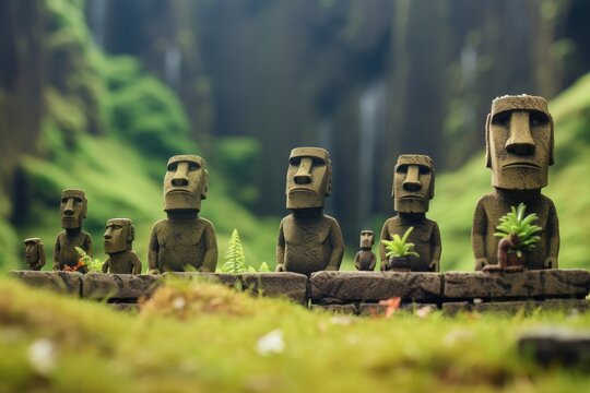 A miniature toy scene of Easter Island with statues, grass, and rocks. Macro photo of a culture and history scene with small toy models. Easter Island and statue concept with tiny world.