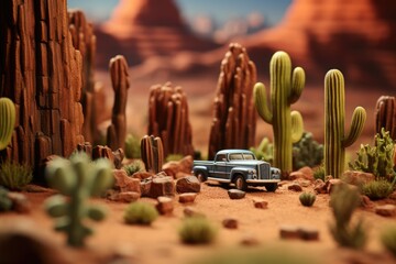 A tiny toy model of Arizona scenery with cacti, rocks, and a vintage car. Macro photo of a desert and road trip scene with small toy items. Arizona and Route 66 concept with tiny world. - obrazy, fototapety, plakaty