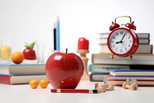 Different school subjects and fruits on a white background