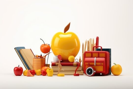 Different school subjects and fruits on a white background