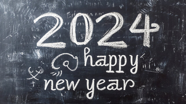 Happy New Year date handwritten in a chalk writing text script on a wooden black chalkboard background for a calendar, poster or greeting card, stock illustration image