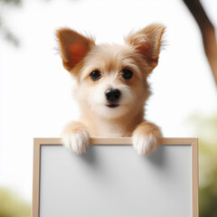 a cute dog holding with blank white board. ai generative