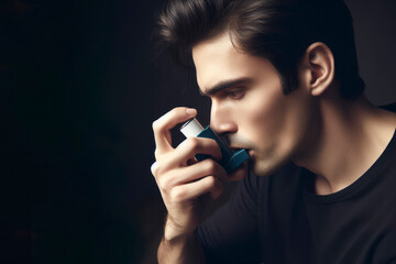A man uses an inhaler on a solid dark background. ai generative - obrazy, fototapety, plakaty