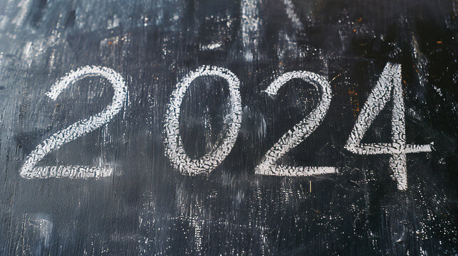 2024 date handwritten in a chalk writing text script on a wooden black chalkboard background for a calendar, poster or greeting card, stock illustration image
