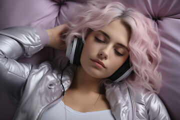 Close up of a woman with curly pink lilac short hair lying on a sofa, or sleeping, listening to music, audio book or podcast, enjoying meditation for sleep and peaceful mind. Rest And Relax Concept
