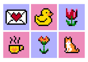 Obraz premium Pixels Y2k trendy stickers, cute abstract elements, Minimal graphic design, 8 bit, gamification, Pixel art, flower, cat, duck.