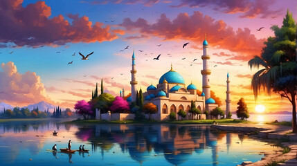 beautiful Mosque beside the river during sunset, beautiful Ramadan Kareem background.