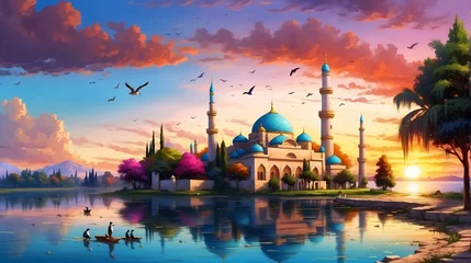 Fotobehang beautiful Mosque beside the river during sunset, beautiful Ramadan Kareem background. © CreaTvt