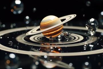 Miniature realistic toy model of the planet Saturn and its moons - obrazy, fototapety, plakaty