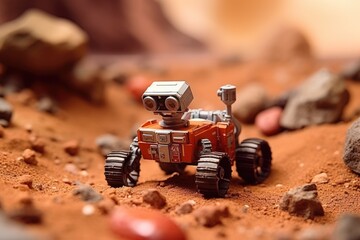 A miniature toy rover exploring the surface of Mars with rocks, craters, and dust. Macro photo of a space and science scene with small toy model. Mars exploration and rover concept with tiny world.